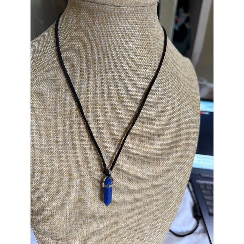 Lapis‎ Lazuli Crystal Point Pendant Necklace Black Suede Cord Boho